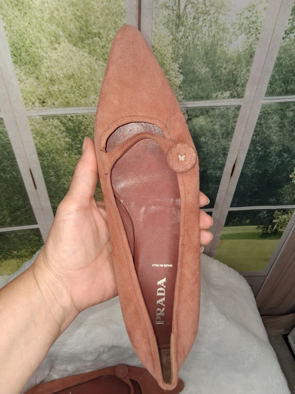 Vintage Prada Cipria Pink Suede Pointed Toe Flats Size 38 Mary Jane Button - Picture 5 of 7